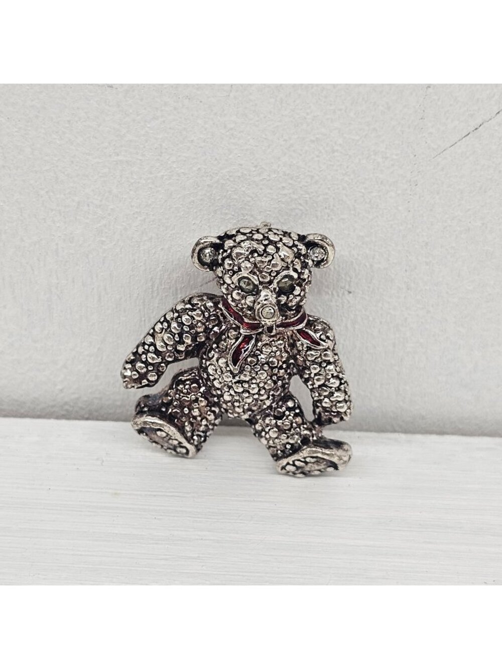 Vintage AAI Signed Teddy Bear Brooch  Textured Silver Tone Red...